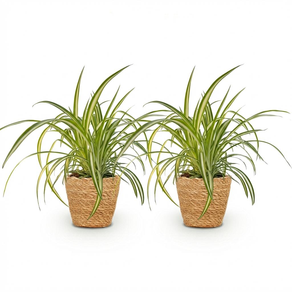 Chlorophytum comosum Variegatum - Bonte Graslelie - 2 Planten - met Mand - Pot 12cm - Hoogte 20cm