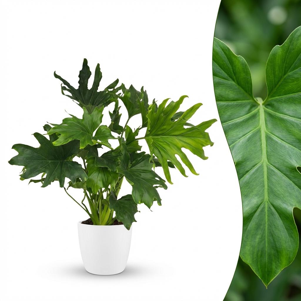 Philodendron Lickety split - Groen - Weinig onderhoud - 1 Plant - met Potter Wit - Pot 19cm - Hoogte 70cm