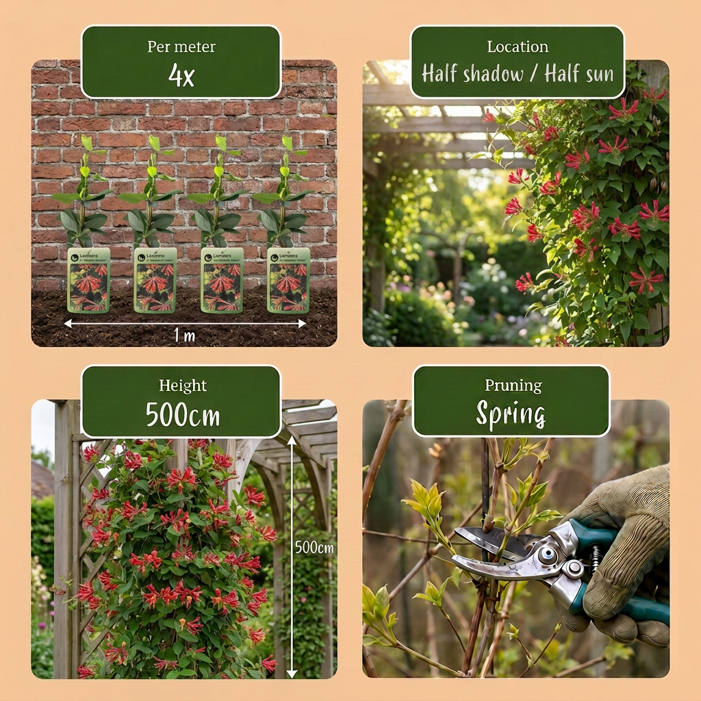 Lonicera br. 'Dropmore Scarlet' - Kamperfoelie 'Dropmore Scarlet' 4x - Rood-Geel - Klimplant - Ø9cm - ↕35cm