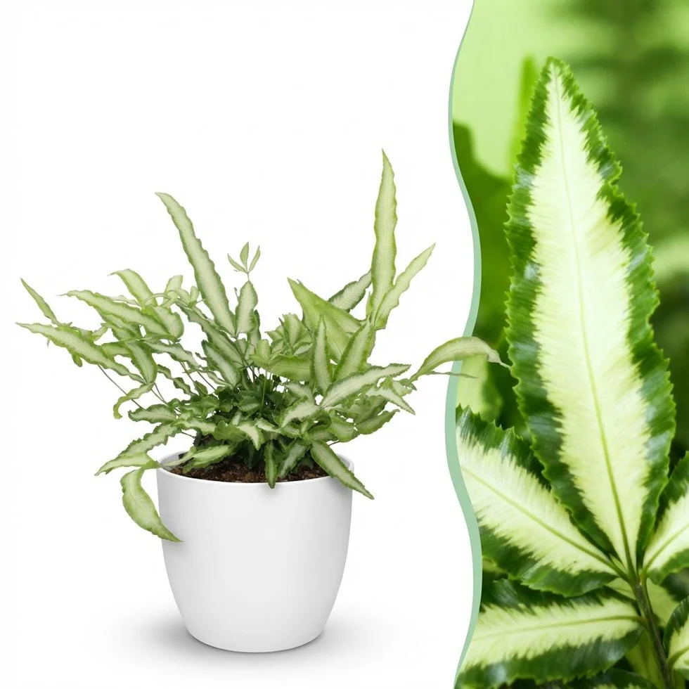 Pteris cretica Albolineata - Lintvaren - Huisdiervriendelijke Plant - Groen - 1 Plant - met Potter Wit - Pot 12cm - Hoogte 20cm