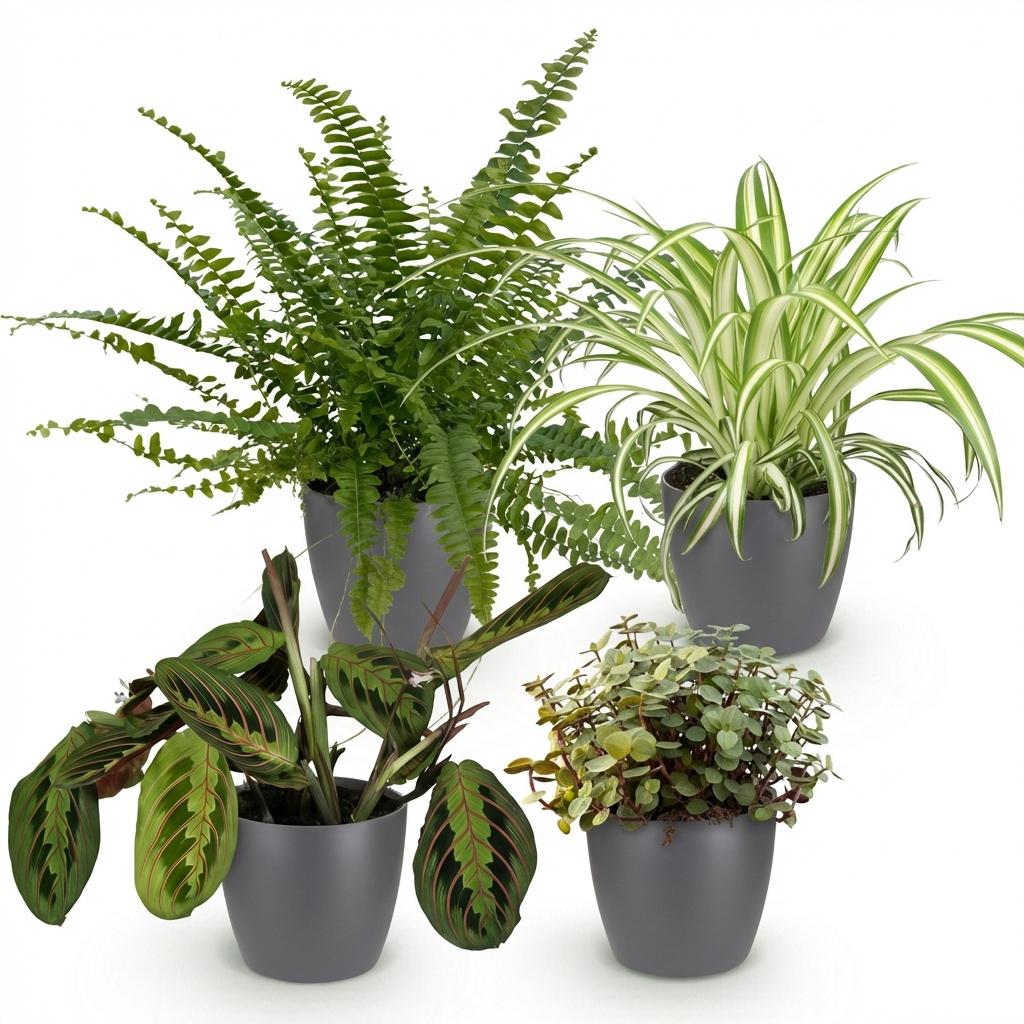 Plantenbox - Chlorophytum - Maranta - Calissia - Nephrolepsis - Mix van 4 - Huisdiervriendelijke Planten - Groen - 4 Planten - met Potter Grijs - Pot 12cm - Hoogte 25cm