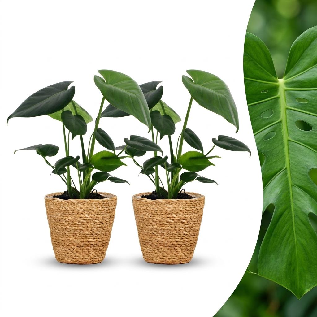 Monstera Deliciosa - Gatenplant - 2x - met Zeegras Mand - Pot 12cm - Hoogte 30cm