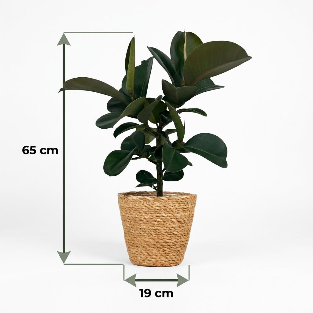Rubberplant - Ficus Elastica Cloe - Groen - Weinig onderhoud - 1 Plant - met Mand - Pot 19cm - Hoogte 65cm