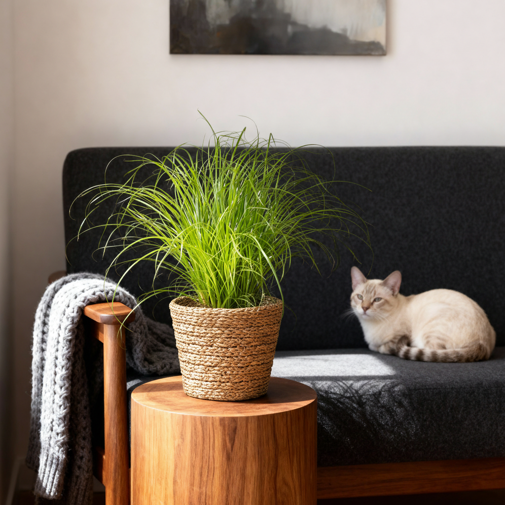 Cyperus alternifolius Zumula - Kattengras - Huisdiervriendelijke Plant - Groen - 1 Plant - met Mand - Pot 12cm - Hoogte 20cm