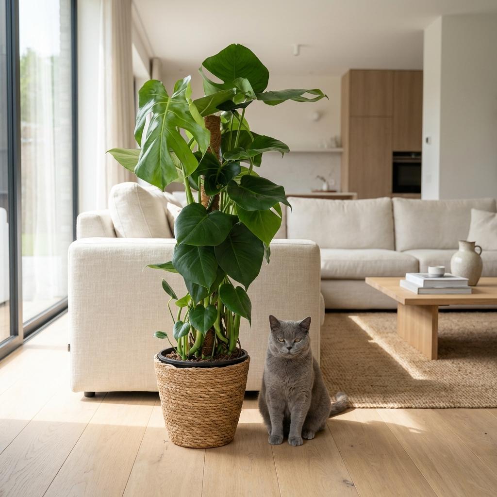 Gatenplant - Monstera Deliciosa mosstok - Groen - Weinig onderhoud - 1 Plant - met Mand - Pot 19cm - Hoogte 90cm