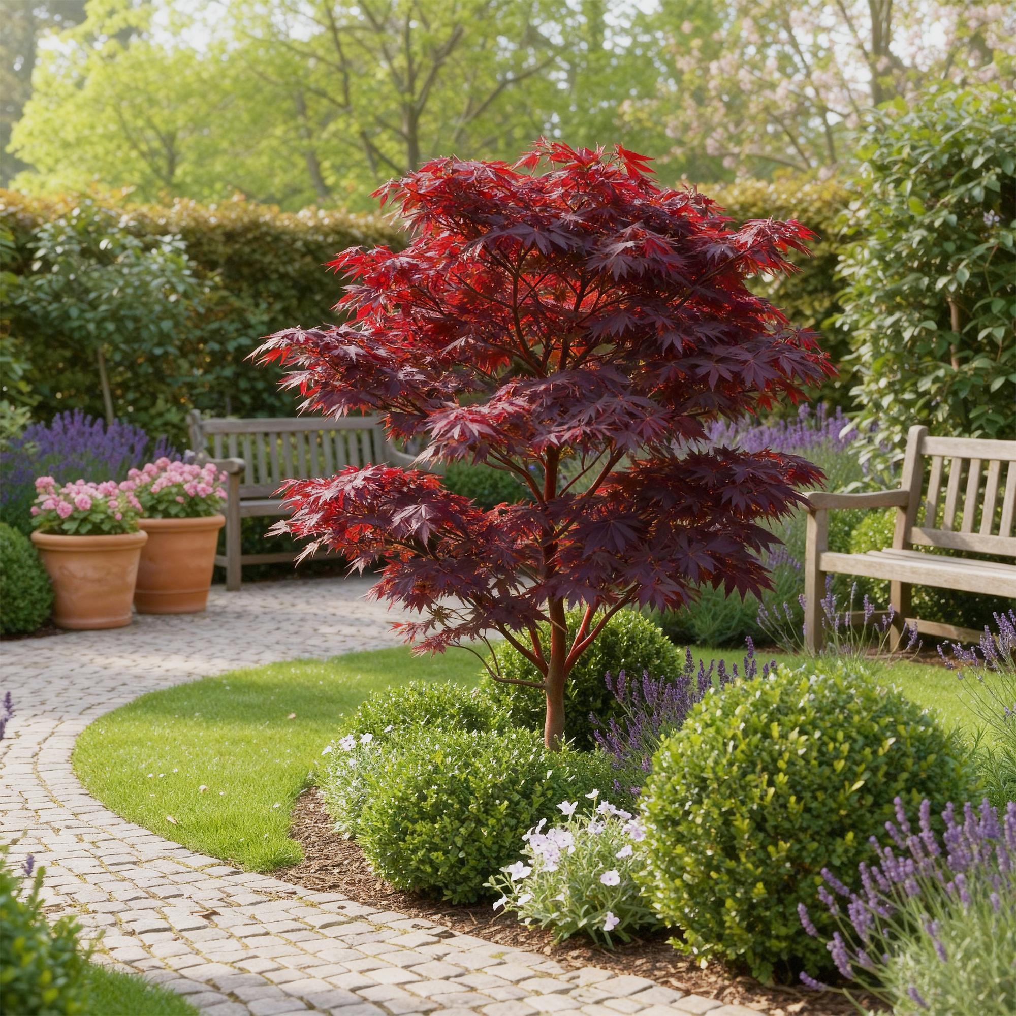 Acer palmatum Atropurpureum - Paars - 3 Planten - Blad verliezend - Weinig Onderhoud - Pot 12cm Hoogte 35cm