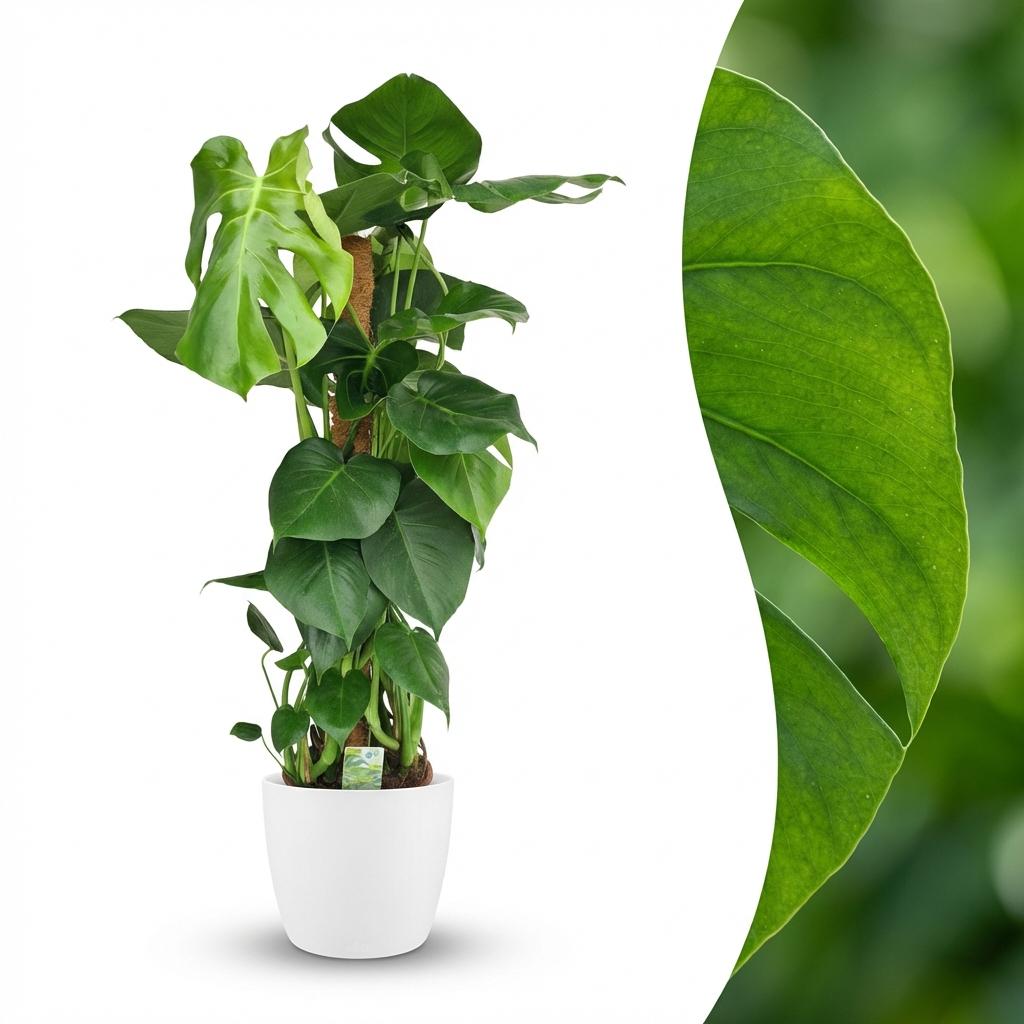 Gatenplant - Monstera Deliciosa mosstok - Groen - Weinig onderhoud - 1 Plant - met Potter Wit - Pot 19cm - Hoogte 90cm