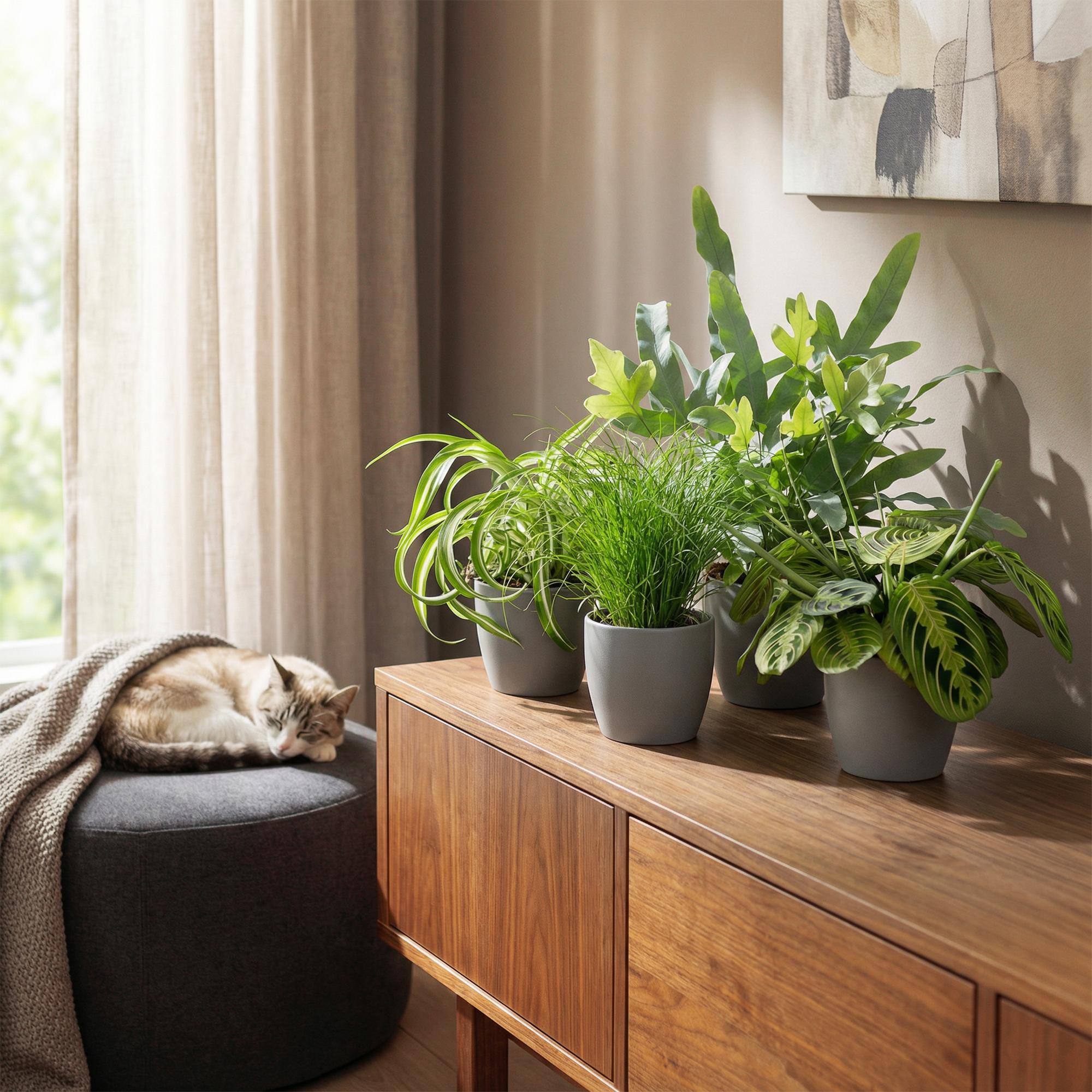 Chlorophytum - Cyperus - Phlebodium - Marantha - Mix van 4 - Huisdiervriendelijke Planten - Groen - 4 Planten - Pot 12cm - Hoogte 25cm