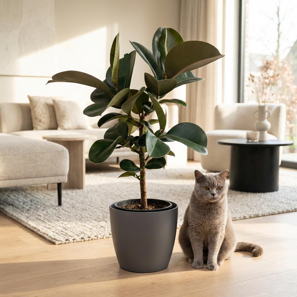 Rubberplant - Ficus Elastica Cloe - Groen - Weinig onderhoud - 1 Plant - met Potter Grijs - Pot 19cm - Hoogte 65cm