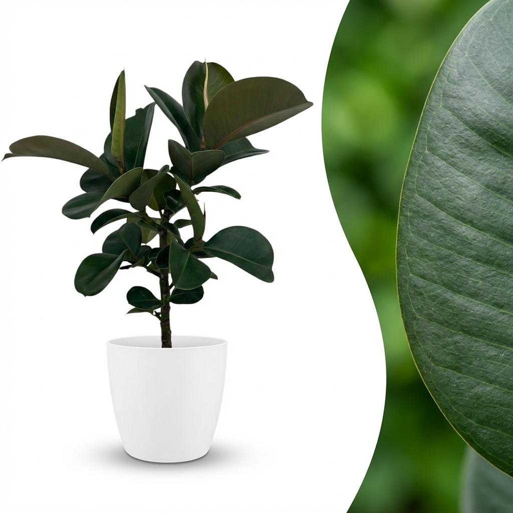 Rubberplant - Ficus Elastica Cloe - Groen - Weinig onderhoud - 1 Plant - met Potter Wit - Pot 19cm - Hoogte 65cm