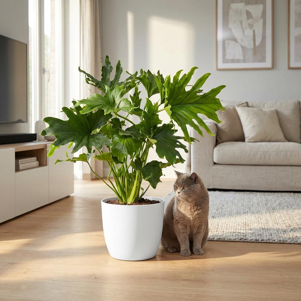 Philodendron Lickety split - Groen - Weinig onderhoud - 1 Plant - met Potter Wit - Pot 19cm - Hoogte 70cm