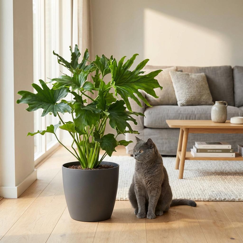 Philodendron - Philodendron Lickety split - Groen - Weinig onderhoud - 1 Plant - met Potter Grijs - Pot 19cm - Hoogte 70cm