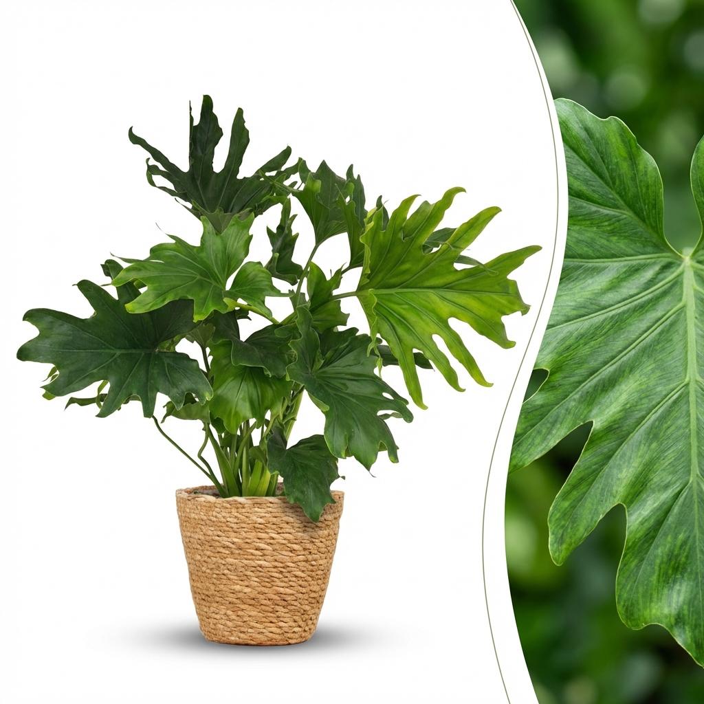 Philodendron Lickety split - Groen - Weinig onderhoud - 1 Plant - met Mand - Pot 19cm - Hoogte 70cm