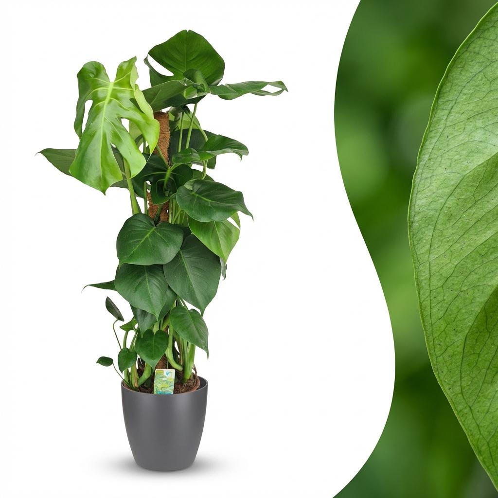 Gatenplant - Monstera Deliciosa mosstok - Groen - Weinig onderhoud - 1 Plant - met Potter Grijs - Pot 19cm - Hoogte 90cm