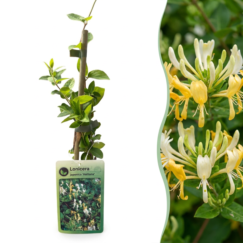 Lonicera jap. 'Halliana' - Japanse kamperfoelie 4x - Wit - Geel - Klimplant - Ø9cm - ↕35cm
