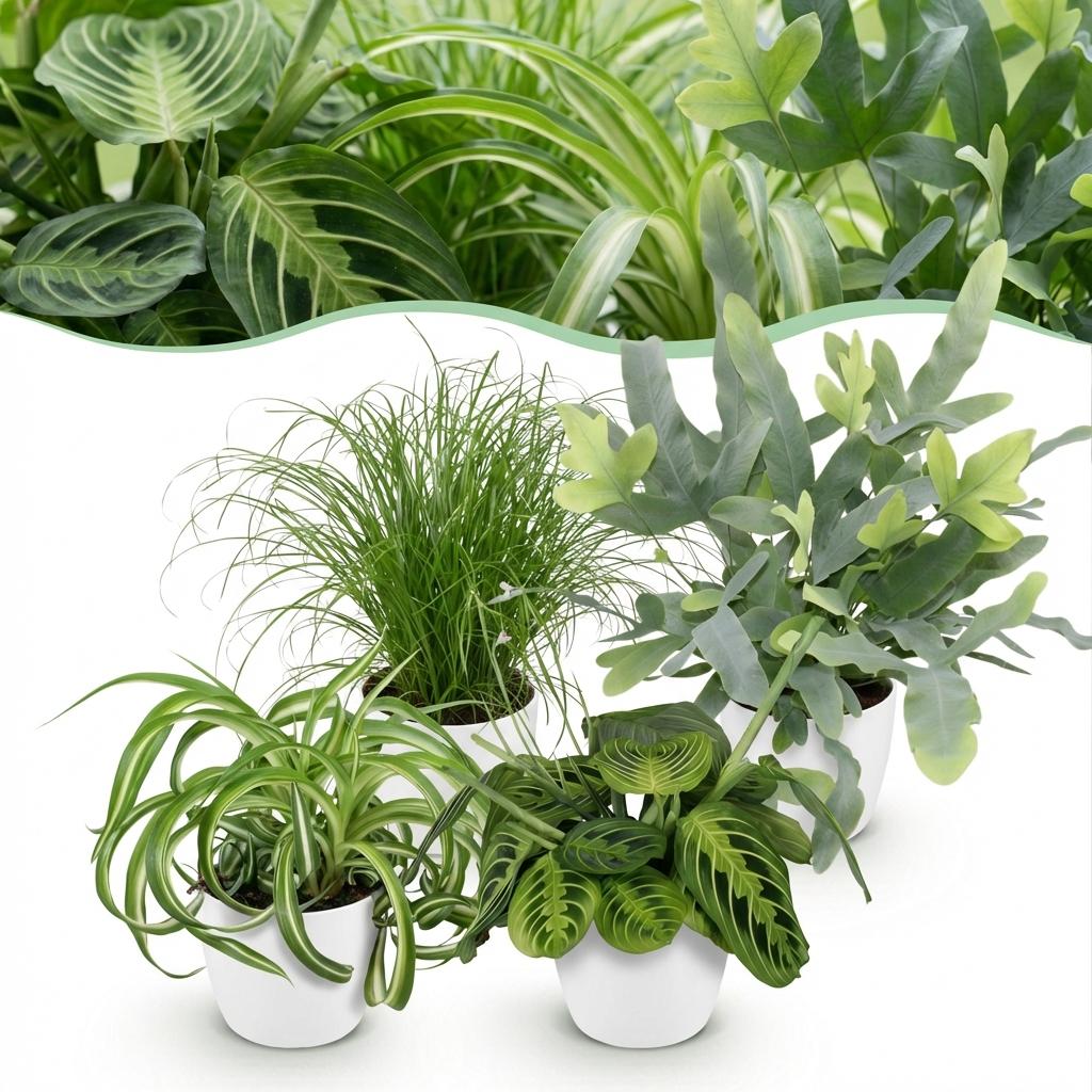 Plantenbox - Chlorophytum - Cyperus - Phlebodium - Marantha - Mix van 4 - Huisdiervriendelijke Planten - Groen - 4 Planten - met Potter Wit - Pot 12cm - Hoogte 25cm
