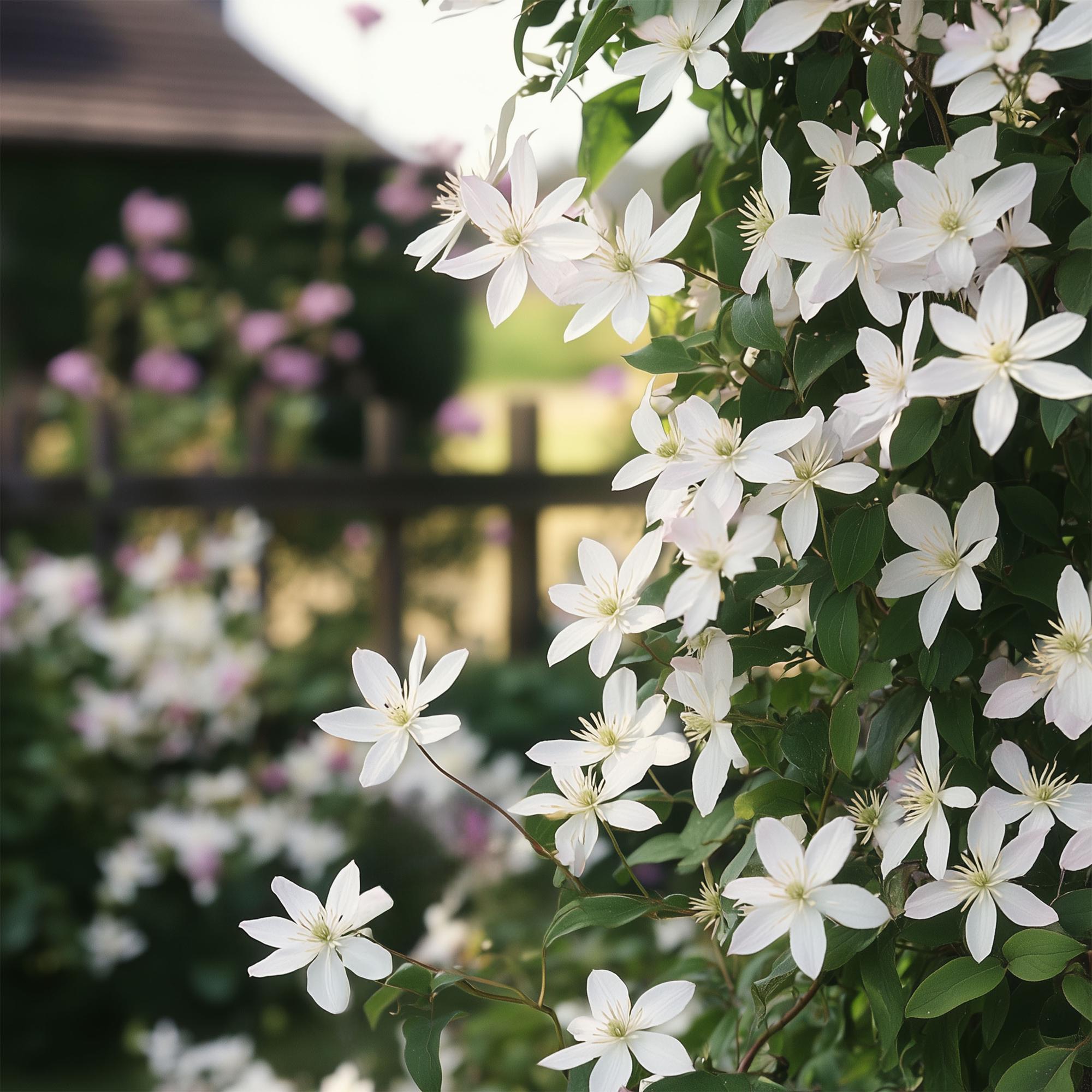 Green boutiQ – Kletterpflanze – Clematis armandii 'Apple Blossom' – Rosa Blüten – Immergrün – Pflegeleicht – 1 Pflanztopf (11 cm), Höhe 40 cm