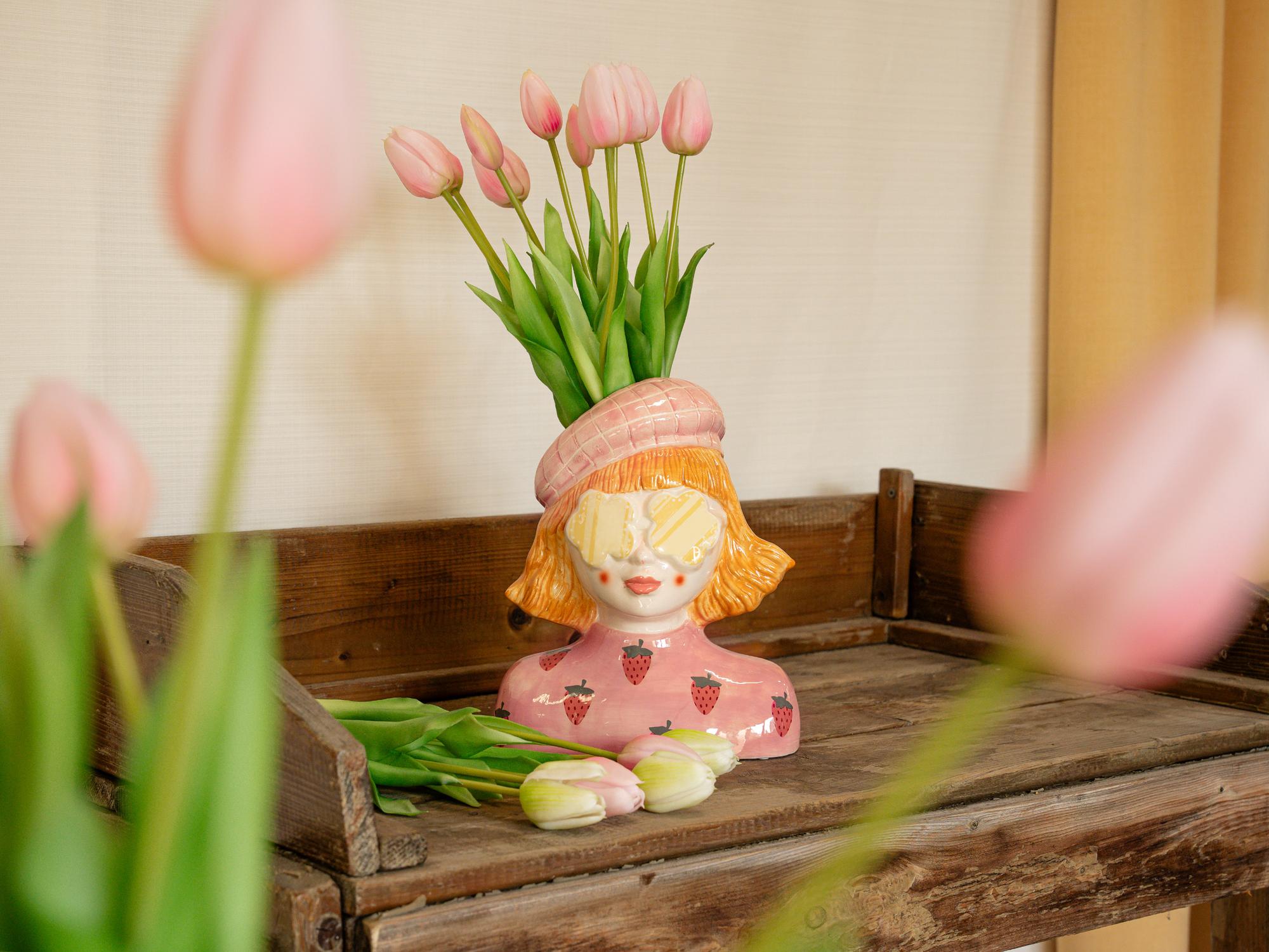 Vase Girl Strawberry – Rosa Steinguttopf – 24 cm hoch
