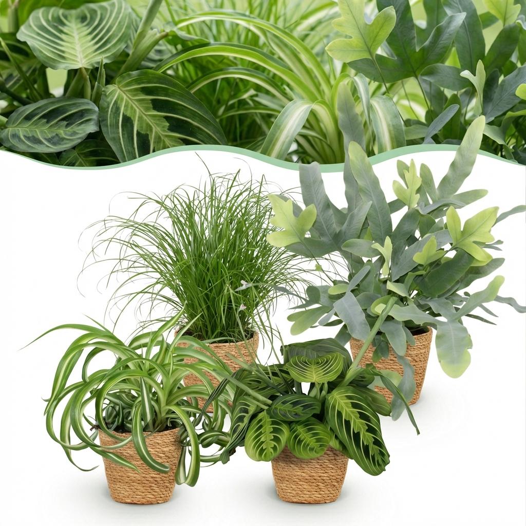 Plantenbox - Chlorophytum - Cyperus - Phlebodium - Marantha - 4 Planten - met Mand - Pot 12cm - Hoogte 25cm