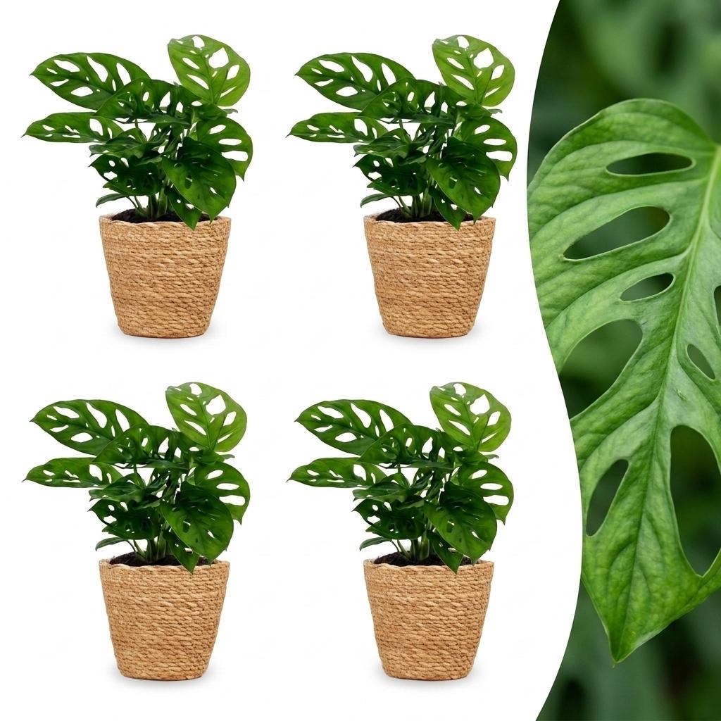 Monstera Adansonii - Rhaphidophora Tetrasperma - 4x - met Mand - Pot 12cm - Hoogte - 25cm