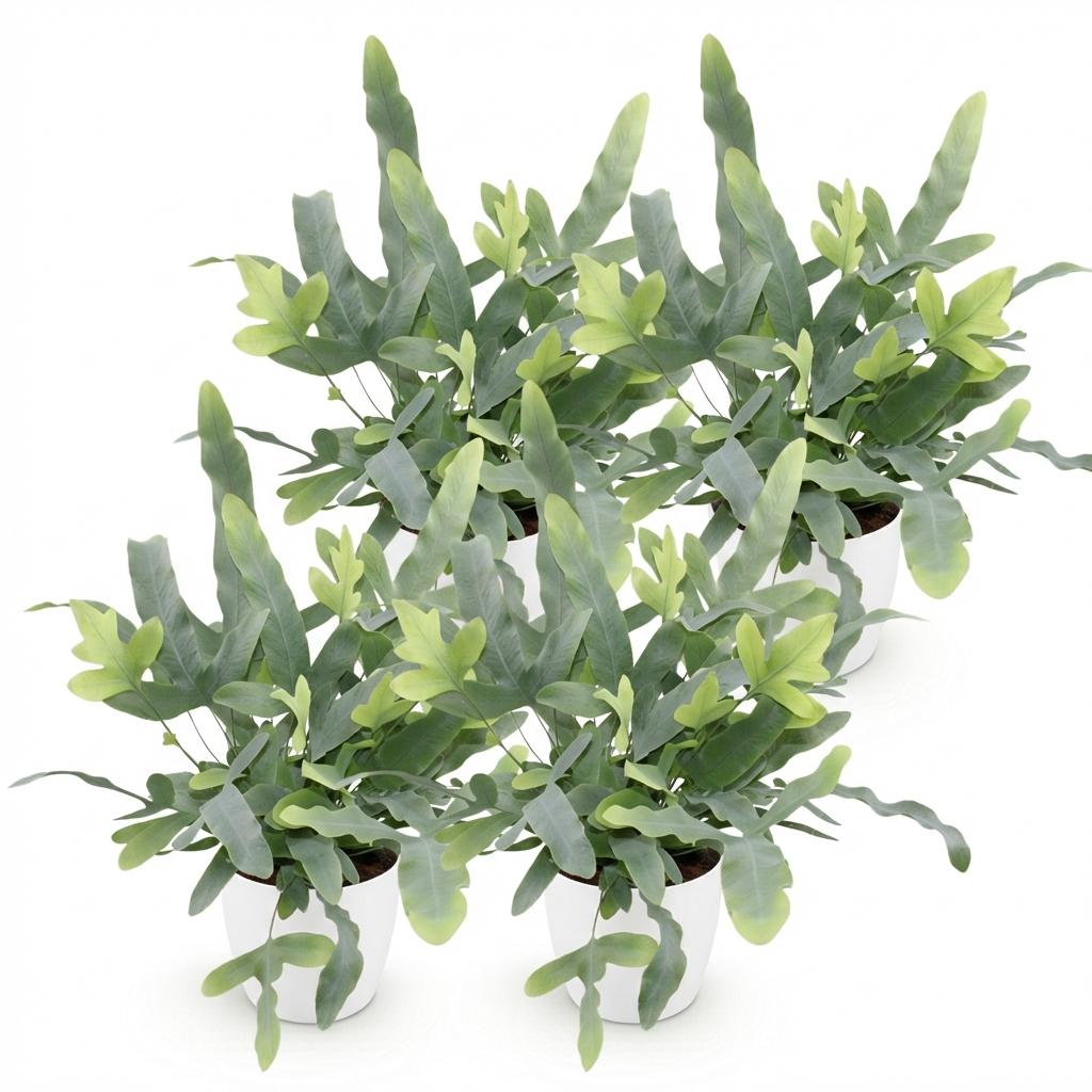 Phlebodium aureum Blue Star - Blauwe Varen - Blauw - 4 Planten - met Potter Wit - Pot 12cm - Hoogte 25cm