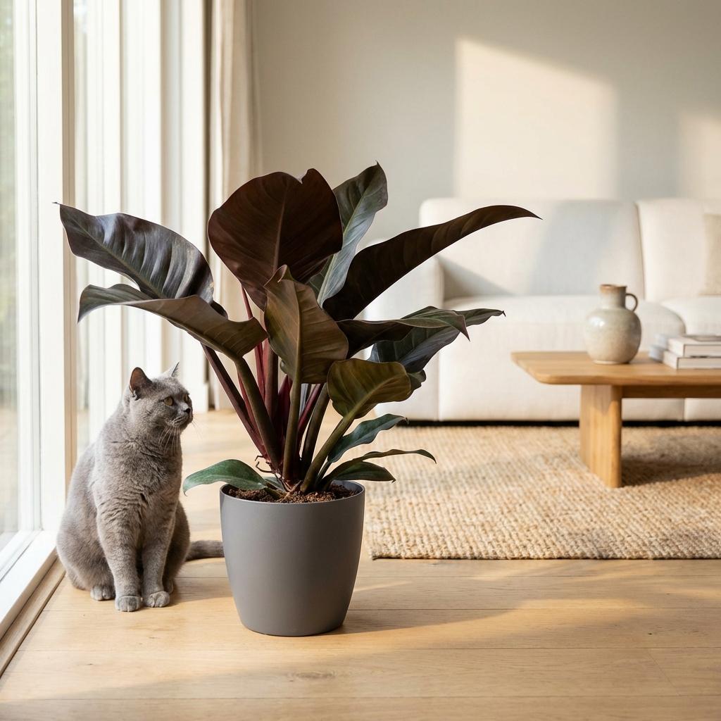 Philodendron Imperial Red - Rood - Weinig onderhoud - 1 Plant - met Potter Grijs - Pot 19cm - Hoogte 60cm