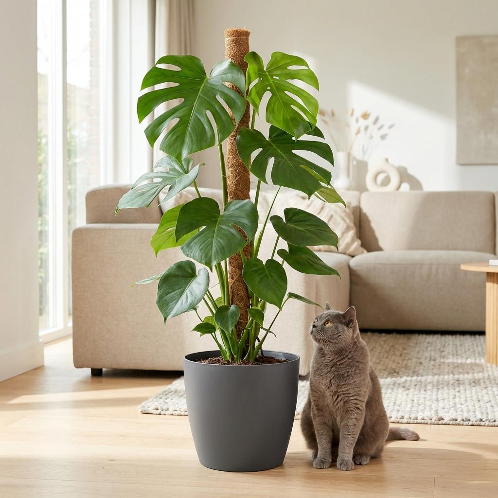 Gatenplant - Monstera Deliciosa mosstok - Groen - Weinig onderhoud - 1 Plant - met Potter Grijs - Pot 19cm - Hoogte 90cm
