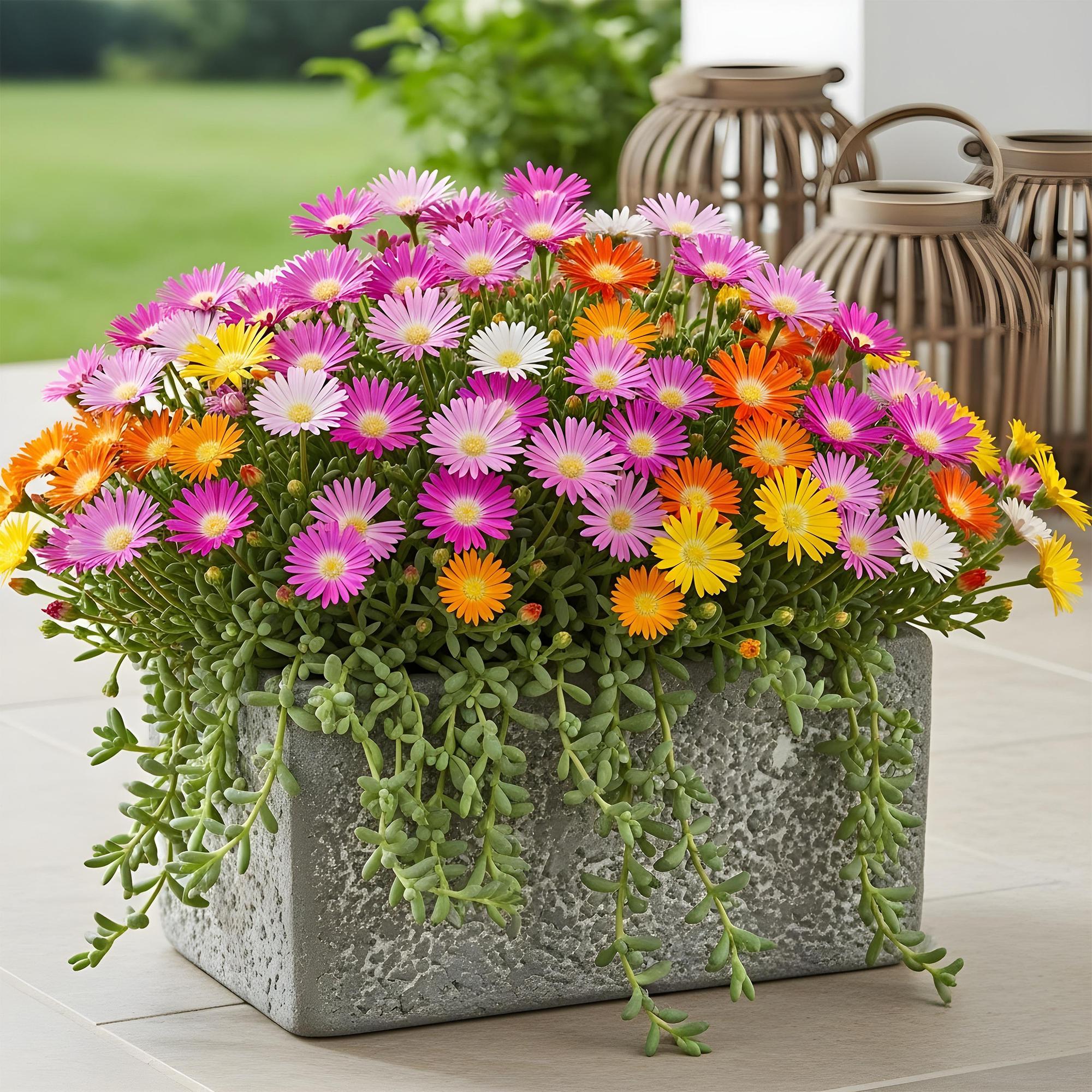 Green boutiQ - Coprisuolo - Resistente all'inverno - Delosperma Jewel of Dessert - 4 piante - Colori: rosso, arancione, viola, rosa - Bassa manutenzione - Vaso 14, altezza 17