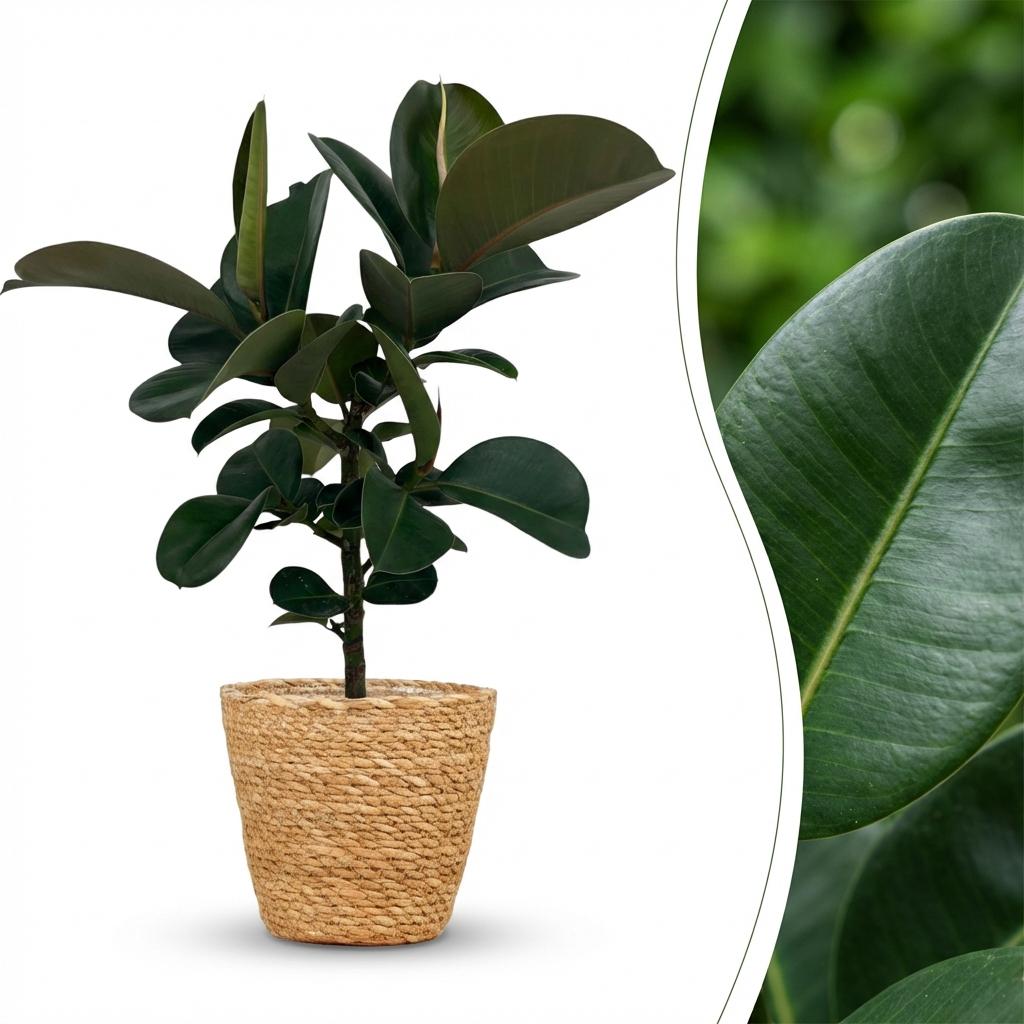 Rubberplant - Ficus Elastica Cloe - Groen - Weinig onderhoud - 1 Plant - met Mand - Pot 19cm - Hoogte 65cm