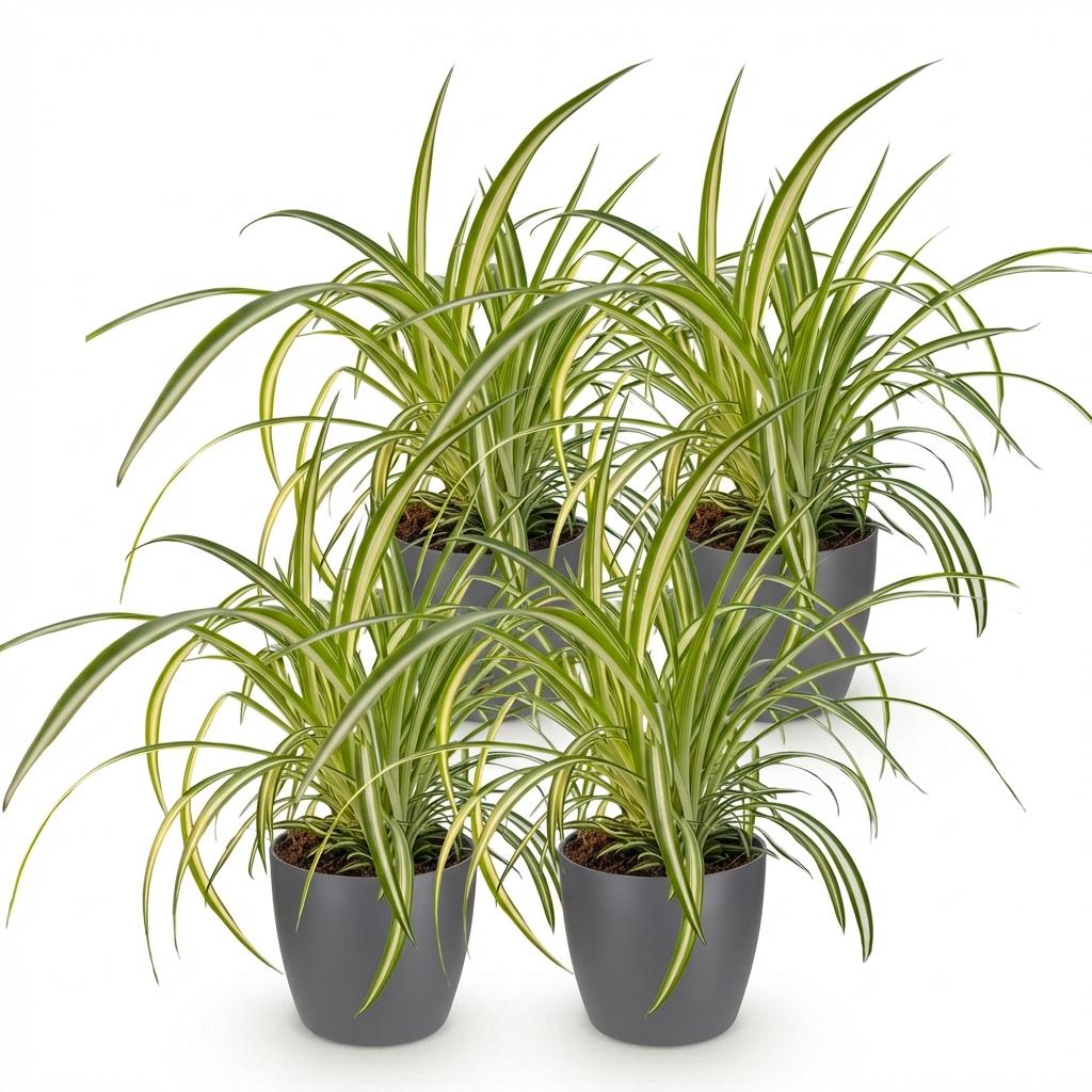 Chlorophytum comosum Variegatum - Bonte Graslelie - 4 Planten - met Potter Grijs - Pot 12cm - Hoogte 20cm