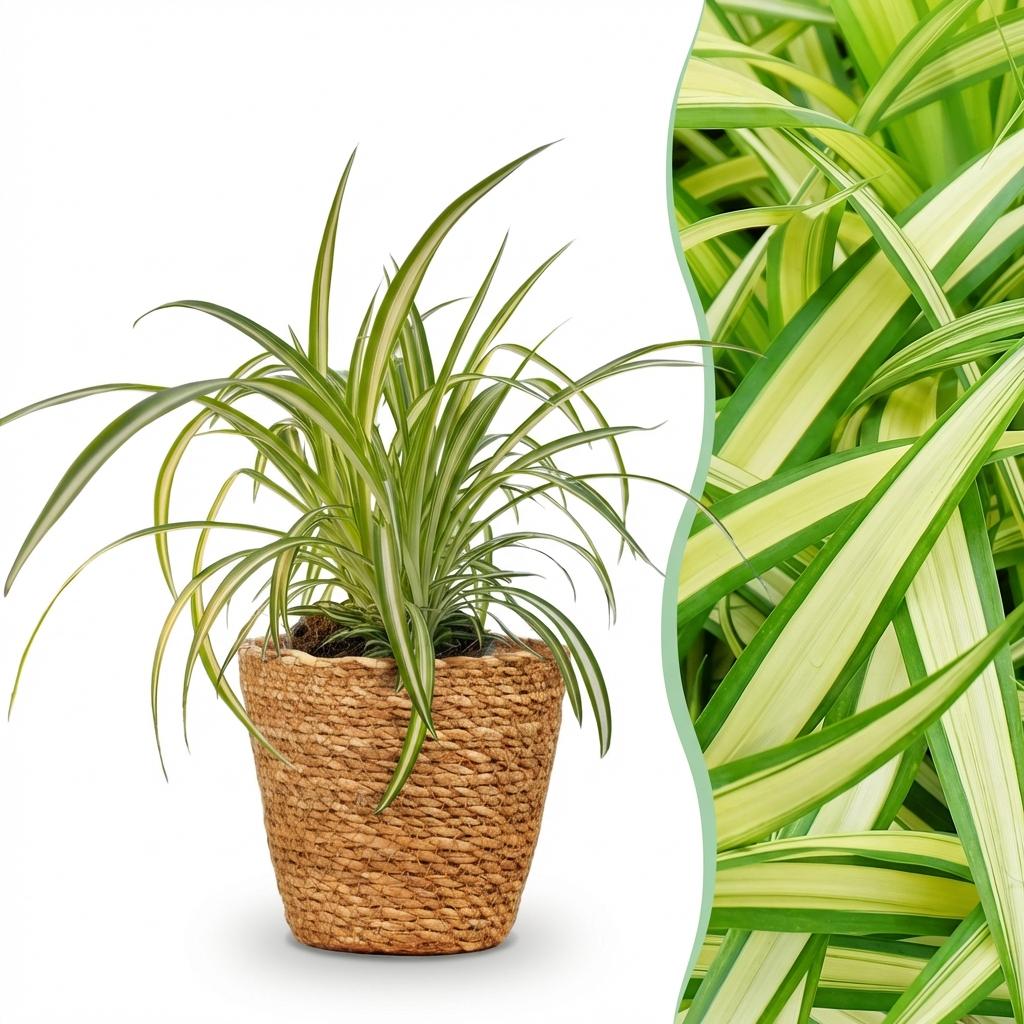 Chlorophytum comosum Variegatum - Bonte Graslelie - Huisdiervriendelijke Plant - Groen - 1 Plant - met Mand - Pot 12cm - Hoogte 20cm