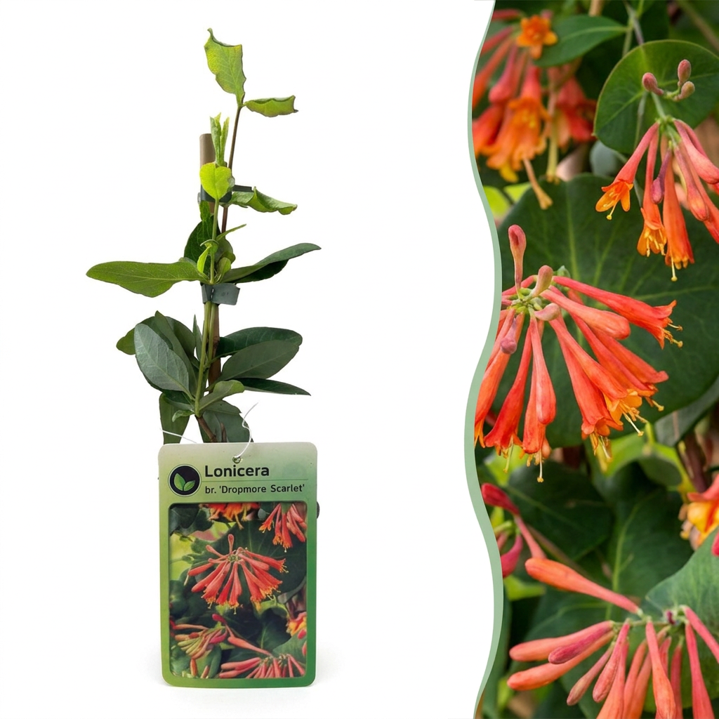 Lonicera br. 'Dropmore Scarlet' - Kamperfoelie 'Dropmore Scarlet' - Rood-Geel - Klimplant - Ø9cm - ↕35cm