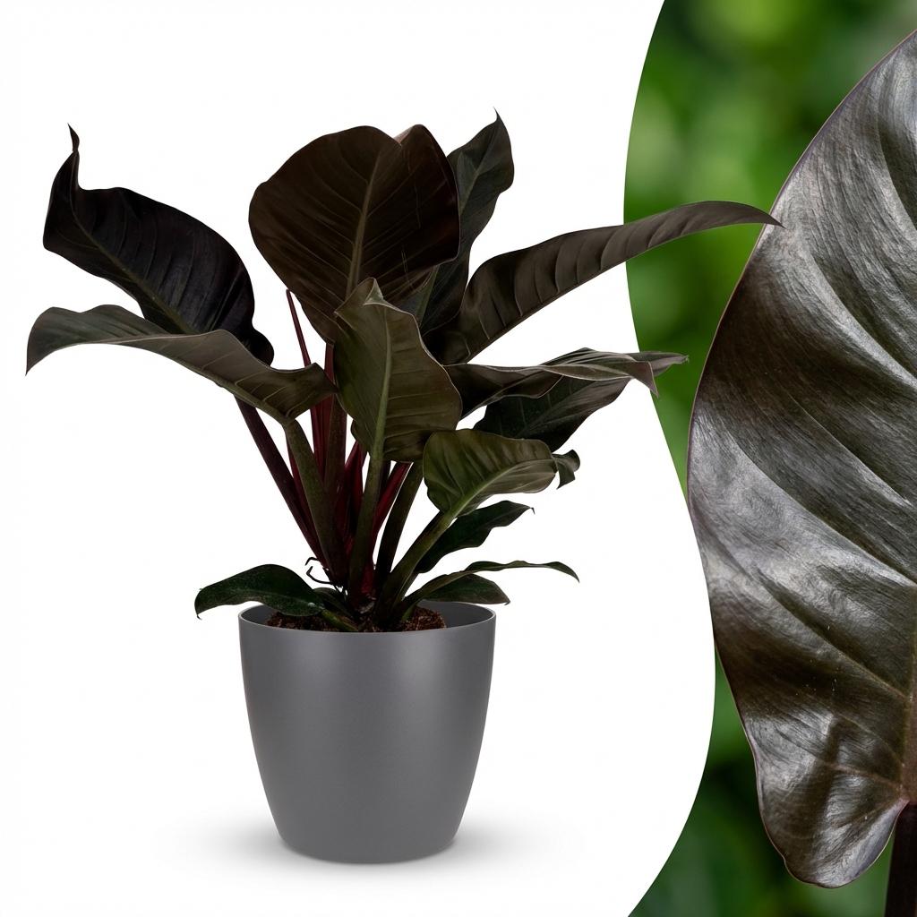 Philodendron Imperial Red - Rood - Weinig onderhoud - 1 Plant - met Potter Grijs - Pot 19cm - Hoogte 60cm