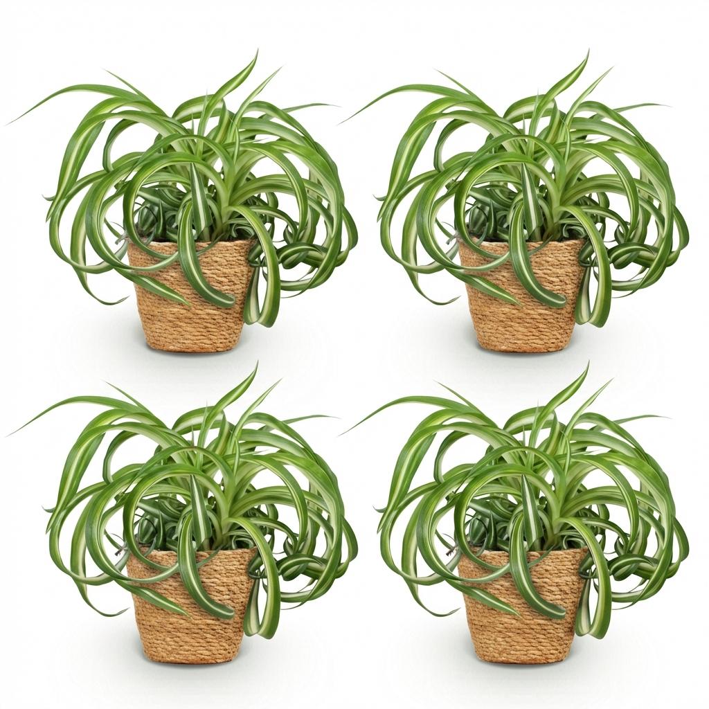 Chlorophytum comosum Bonnie - Krullende Graslelie - Huisdiervriendelijke Plant - 4 Planten - met Mand - Pot 12cm - Hoogte 20cm