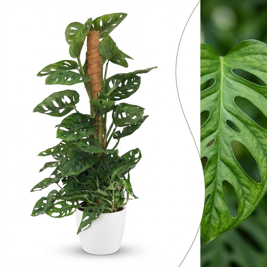 Monkey Mask - Monstera Andansonii Mosstok - Groen - Weinig onderhoud - 1 Plant - met Potter Wit - Pot 19cm - Hoogte 90cm