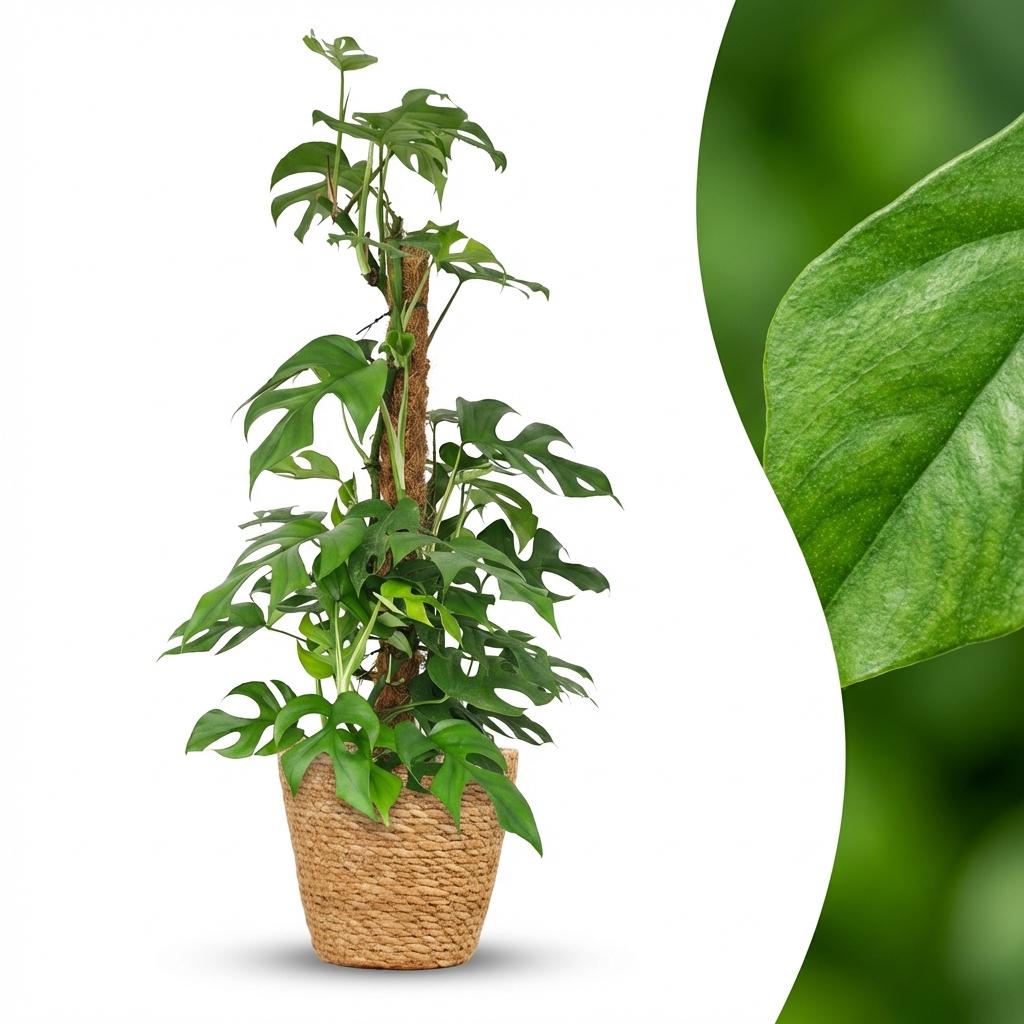 Mini Gatenplant - Monstera Minima Mosstok - Groen - Weinig onderhoud - 1 Plant - met Mand - Pot 19cm - Hoogte 90cm