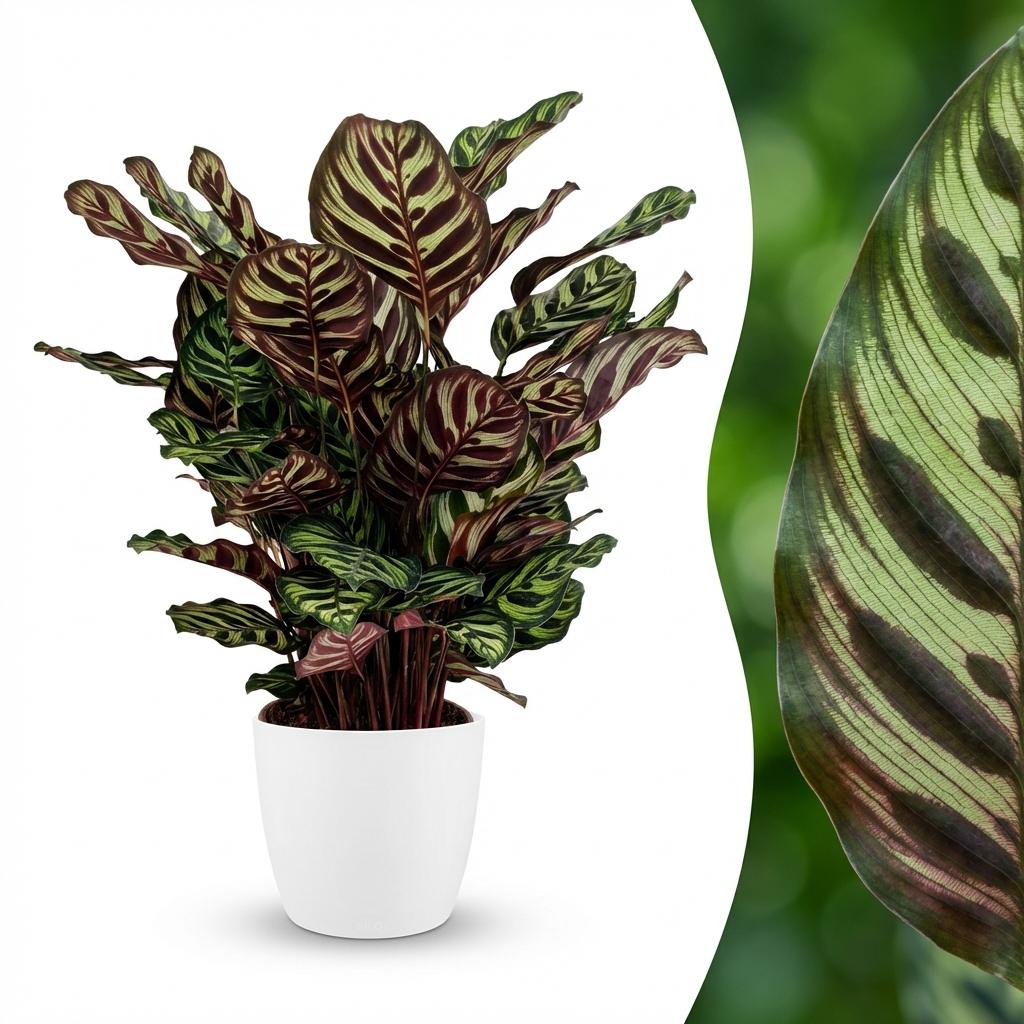 Pauwenplant - Calathea Makoyana - Groen - Weinig onderhoud - 1 Plant - met Potter Wit - Pot 19cm - Hoogte 70cm
