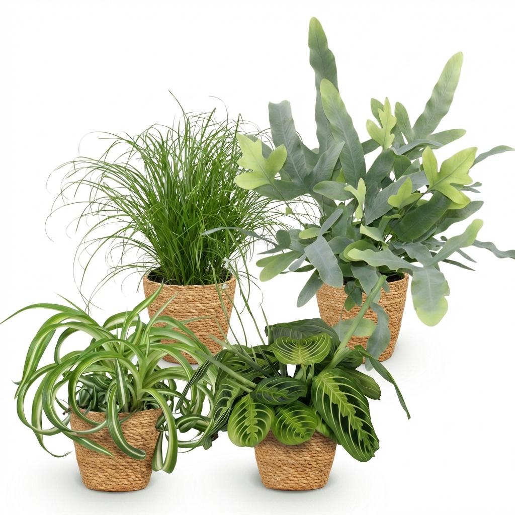 Plantenbox - Chlorophytum - Cyperus - Phlebodium - Marantha - 4 Planten - met Mand - Pot 12cm - Hoogte 25cm