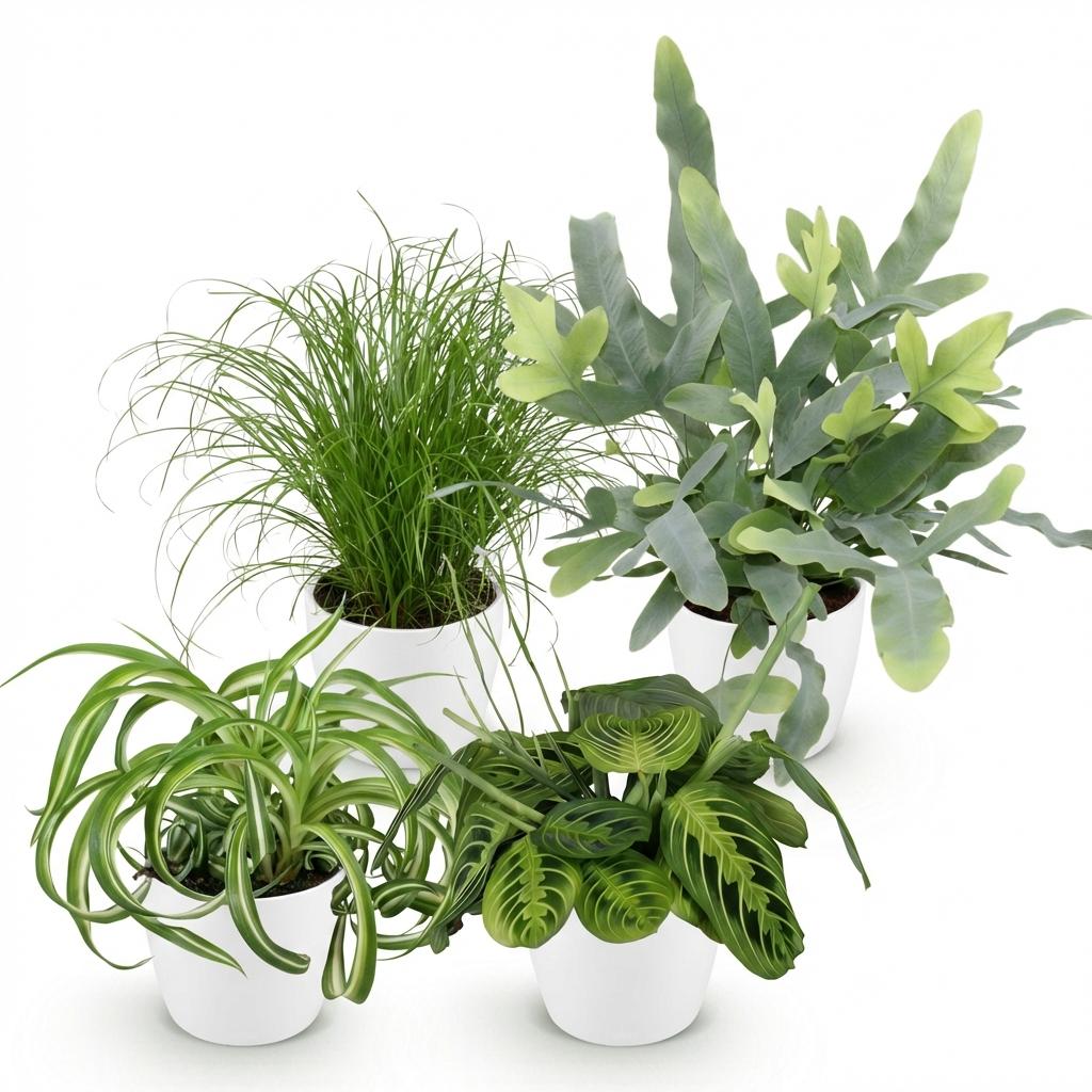Plantenbox - Chlorophytum - Cyperus - Phlebodium - Marantha - Mix van 4 - Huisdiervriendelijke Planten - Groen - 4 Planten - met Potter Wit - Pot 12cm - Hoogte 25cm