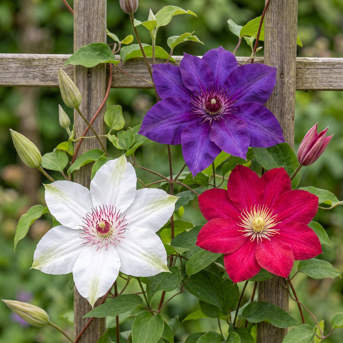 Clematis Tricolour - Driekleurige bosrank 6x - Paars - Roze - Wit - Klimplant - Ø9cm - ↕35cm