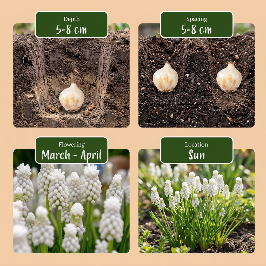100x Muscari White Magic - Cibule květin - Bílý modřenec hroznatý - Bílá - Naturalizující se cibule - Velikost cibule 6/7