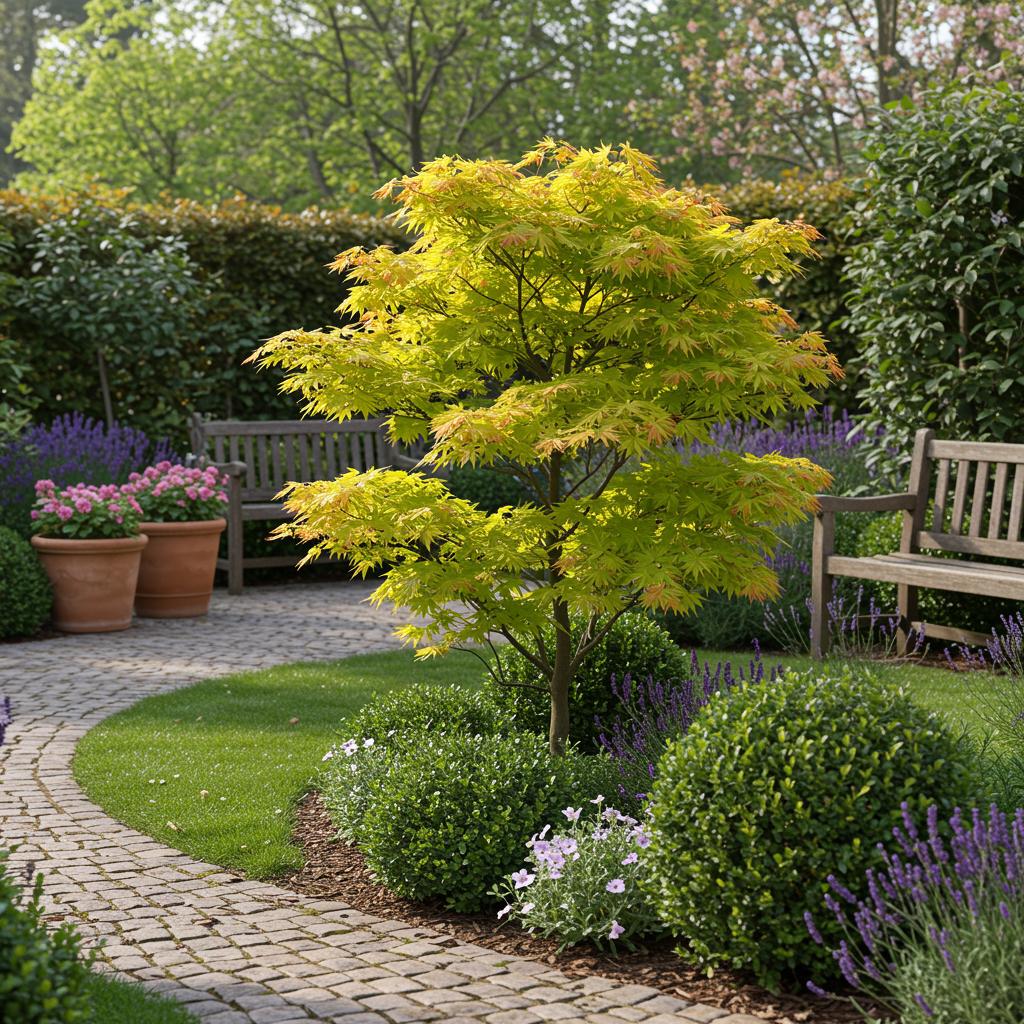 Green boutiQ – Terrassenpflanze – Japanischer Ahorn (Acer palmatum Jordan) – Gelb – 2 Pflanzen – Laubabwerfend – Topf 19 cm, Höhe 70 cm
