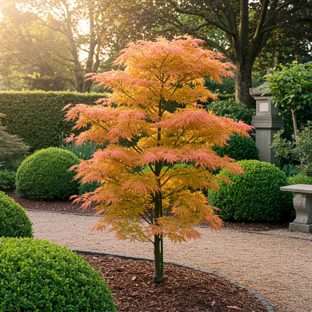 Green boutiQ – Terrassenpflanze – Japanischer Ahorn (Acer palmatum Katsura) – Orange – 1 Pflanze – Laubabwerfend – Topf: 19 cm, Höhe: 70 cm