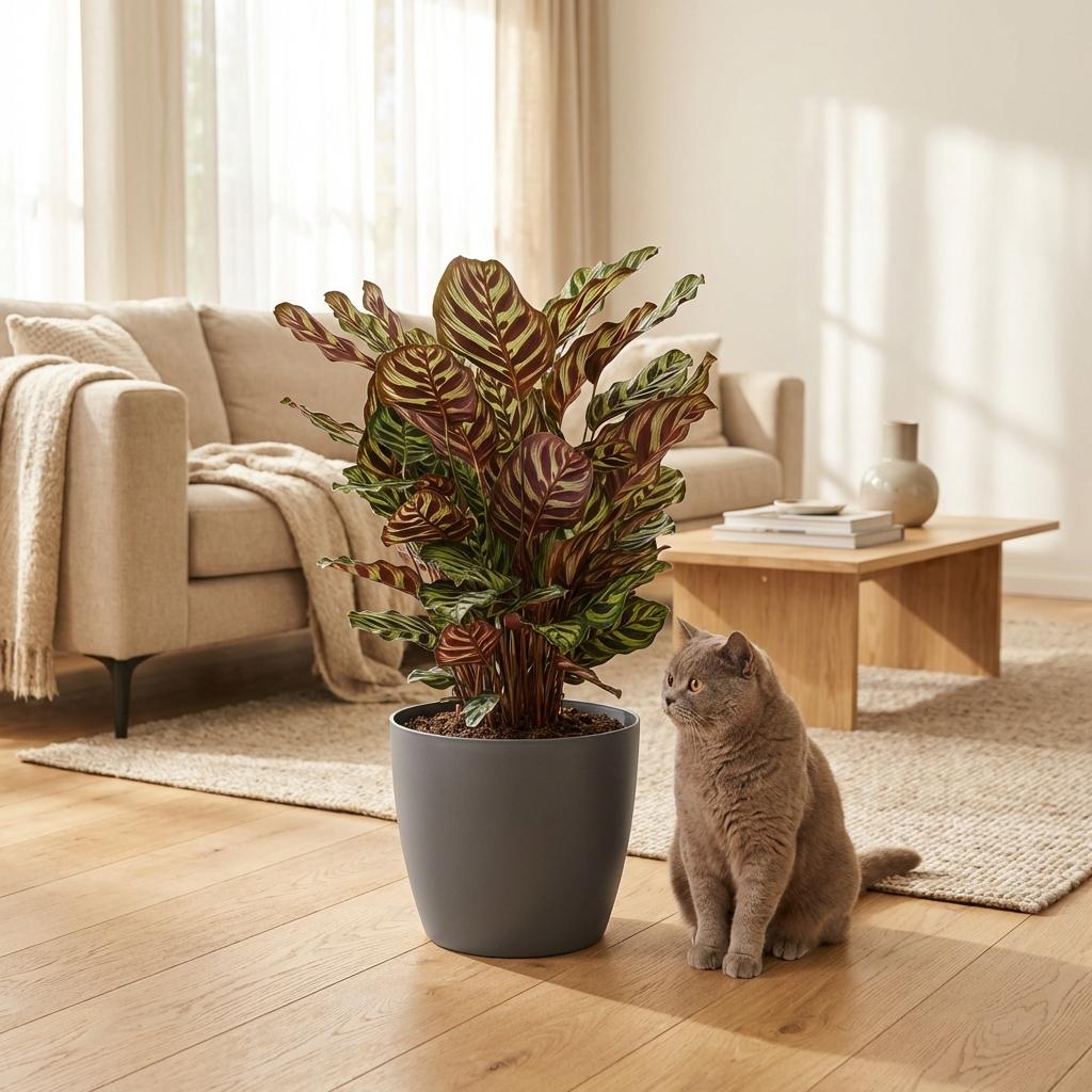 Pauwenplant - Calathea Makoyana - Groen - Weinig onderhoud - 1 Plant - met Potter Grijs - Pot 19cm - Hoogte 70cm