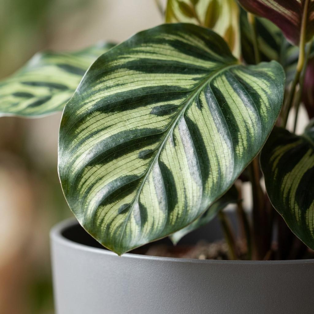 Pauwenplant - Calathea Makoyana - Groen - Weinig onderhoud - 1 Plant - met Potter Grijs - Pot 19cm - Hoogte 70cm