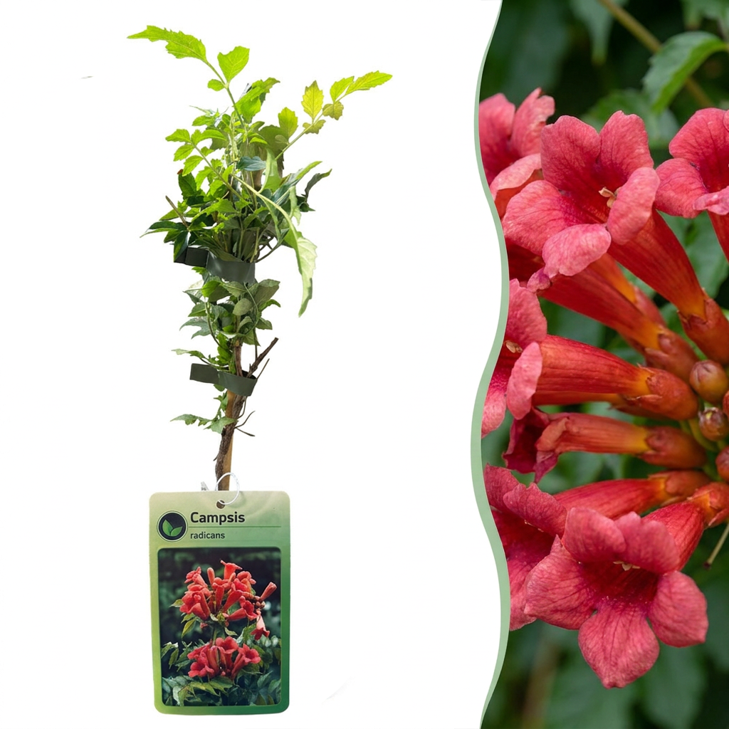 Campsis radicans - Trompetklimmer - Oranje - Rood - Klimplant - Ø9cm - ↕35cm