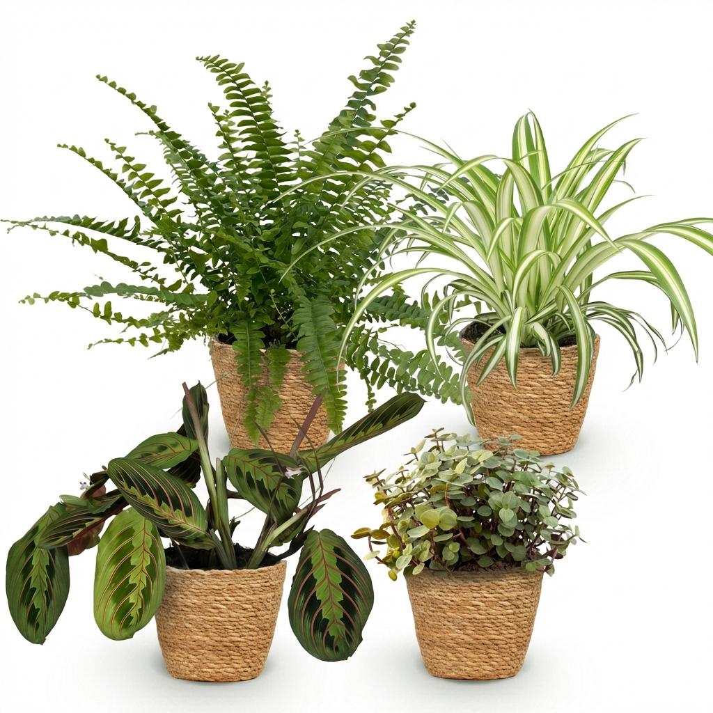 Plantenbox - Chlorophytum - Maranta - Calissia - Nephrolepsis - Mix van 4 - Huisdiervriendelijke Planten - Groen - 4 Planten - met Mand - Pot 12cm - Hoogte 25cm