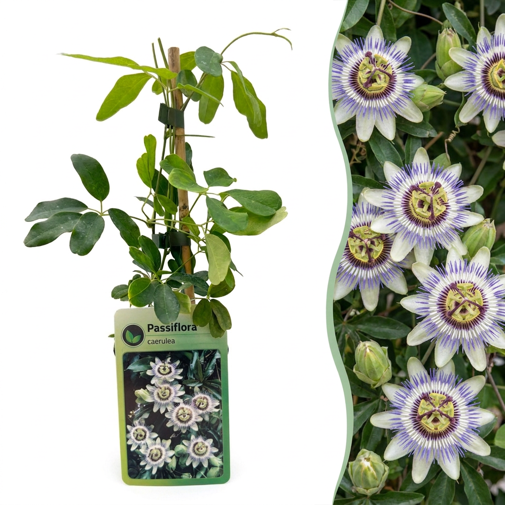 Passiflora caerulea - Blauwe passiebloem 4x - Wit - Paars - Klimplant - Ø9cm - ↕35cm