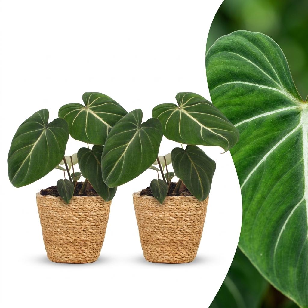 Philodendron Gloriosum - Glorie Philodendron - 2x - met Mand - Pot 12cm - Hoogte - 25cm