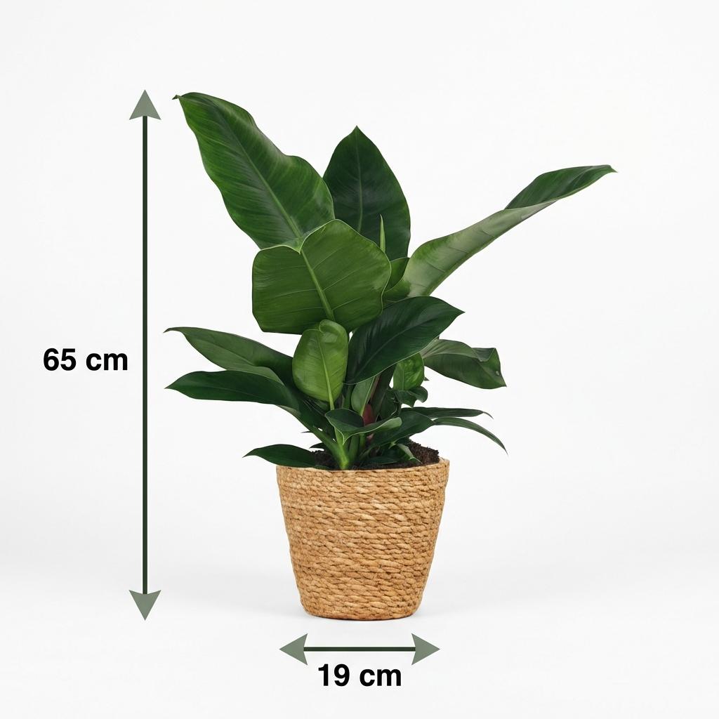 Philodendron Imperial Green - Groen - Weinig onderhoud - 1 Plant - met Mand - Pot 19cm - Hoogte 65cm
